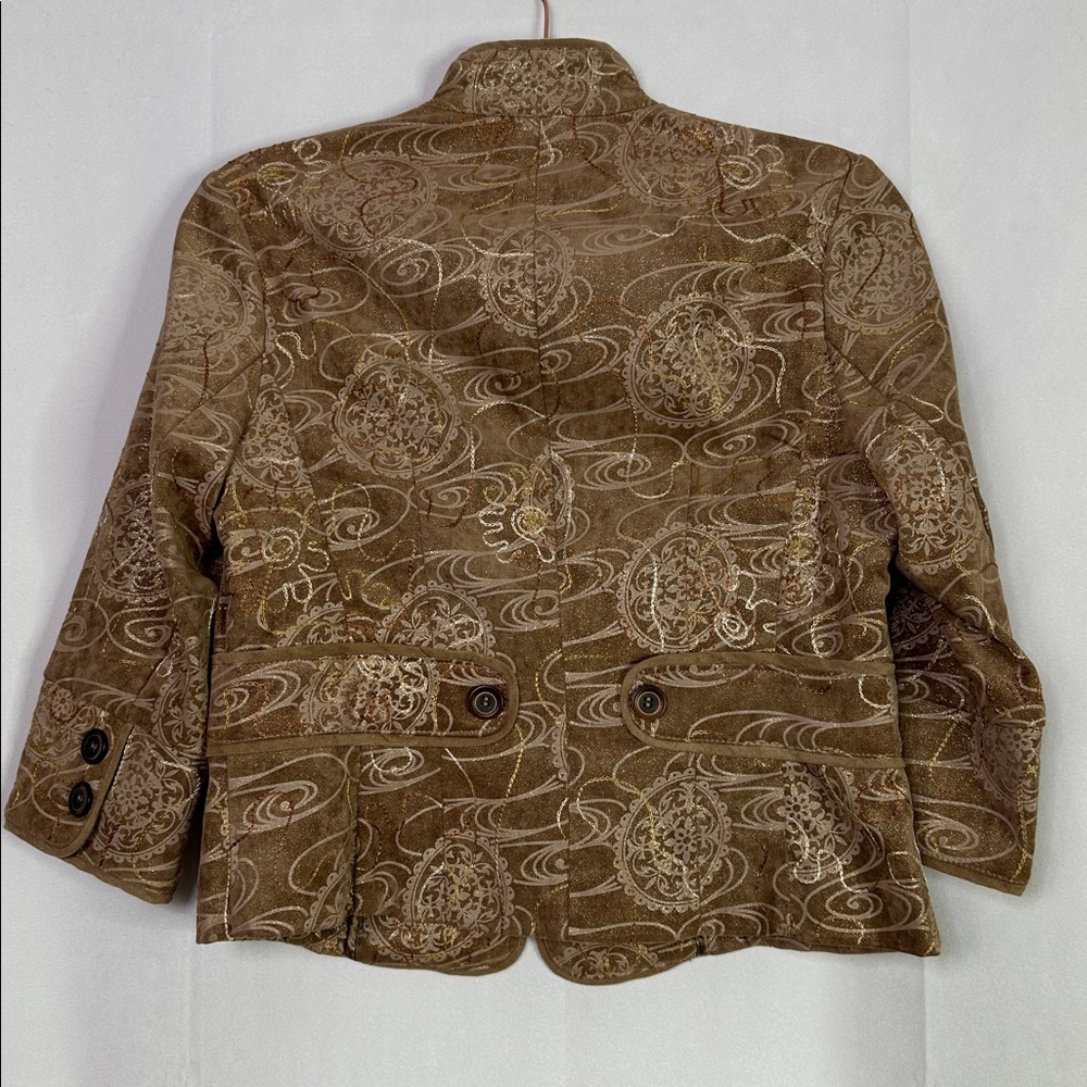 Coldwater Creek Jacket Brown Embroidered Floral Gold Glitter 3/4 Sleeve Jacket - Picture 2 of 7